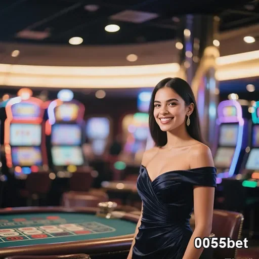 Imagem de casino com o logo 0055bet, destacando um ambiente de jogos de azar online.